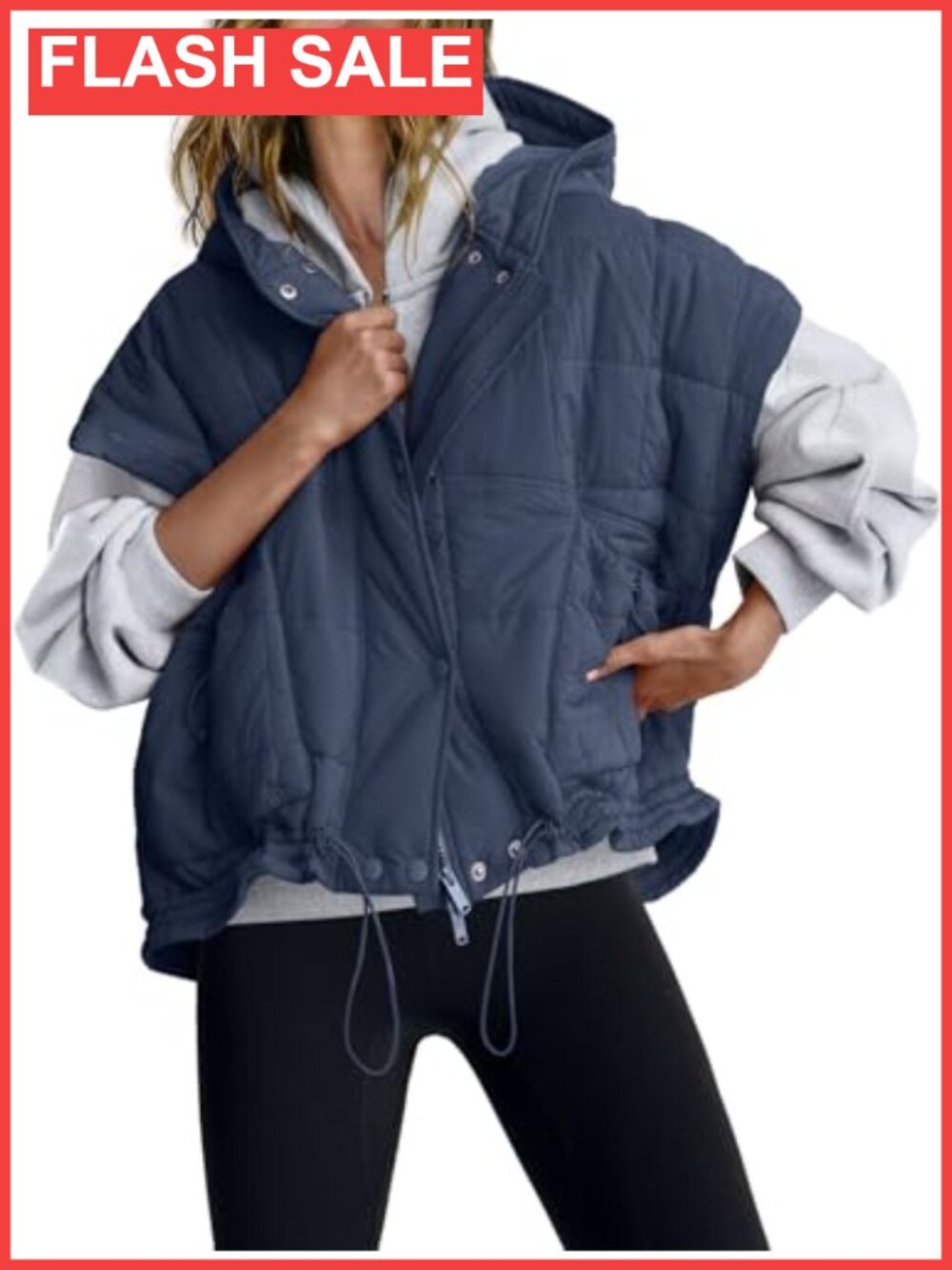 Oversized Quilted Puffer Vest Sleeveless Hooded Jacket Zip Front